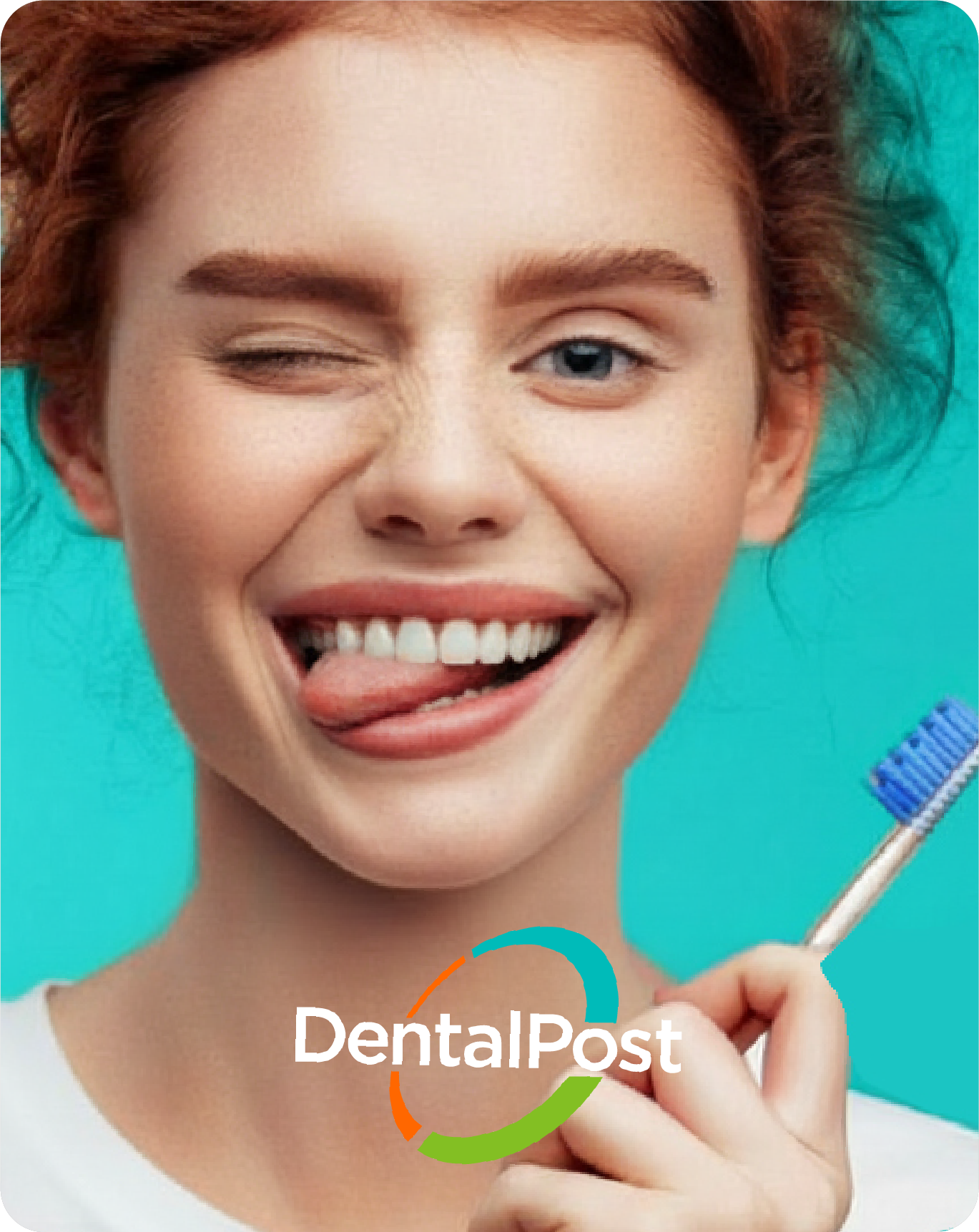 A smiling young woman with red hair and blue eyes holding a toothbrush, displaying her teeth and sticking out her tongue, with the DentalPost logo overlayed.