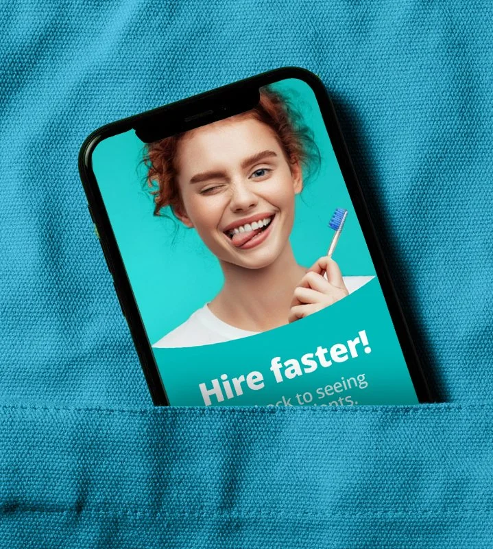 Smartphone displaying a woman with red hair holding a toothbrush, winking, and sticking out her tongue, with a message about hiring faster.