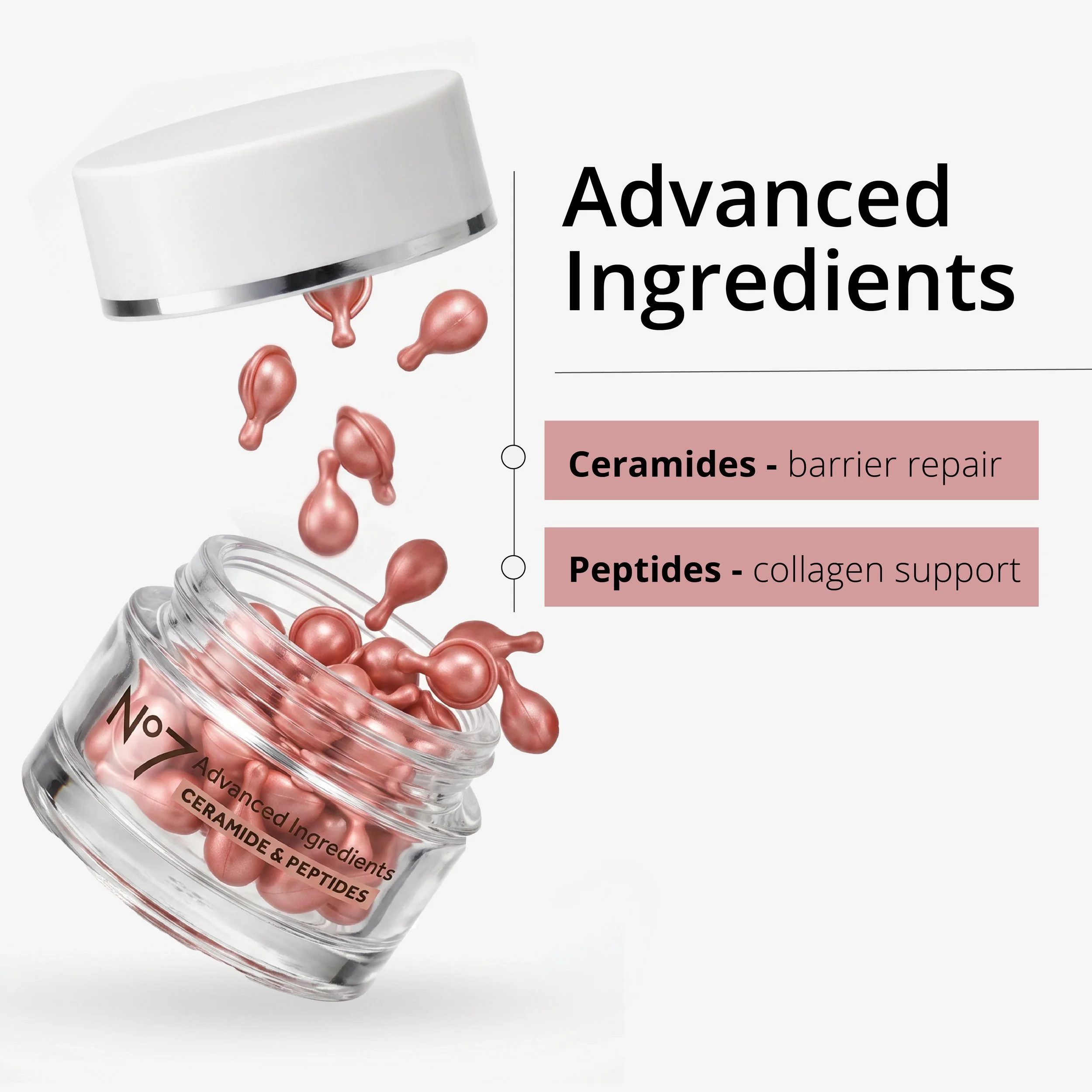 Close-up of a glass jar filled with pink capsules, with some capsules spilling out, and text on the side of the jar mentions 'Advanced Ingredients' including ceramides, peptides, and barrier repair.