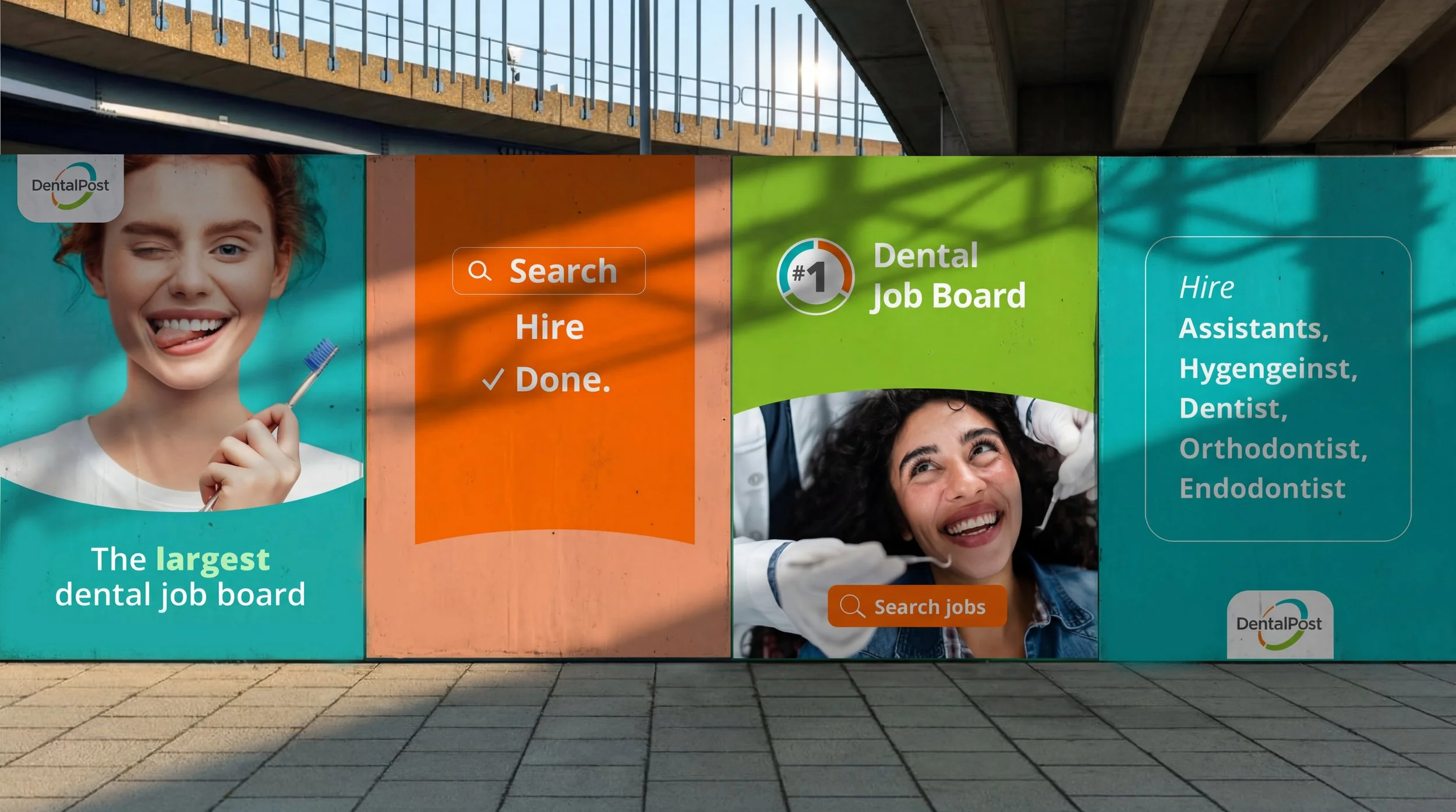 A colorful outdoor advertisement for Dental Post, displaying a woman with red hair and blue eyes winking and holding a toothbrush, along with another woman smiling, promoting a dental job board with options to search and hire dental professionals.