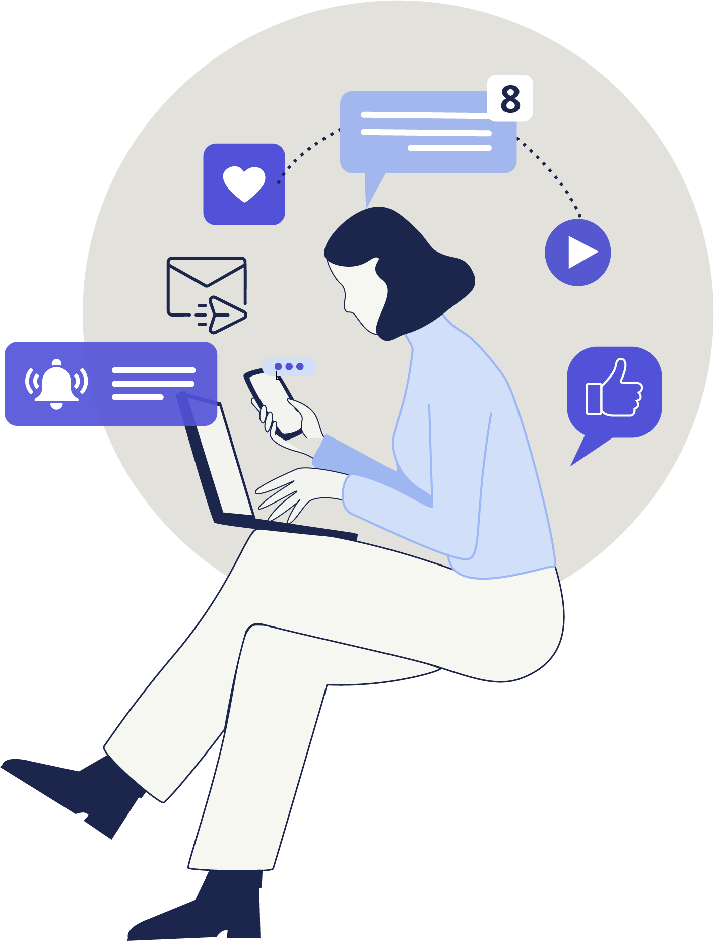 Illustration of a women sitting connect to laptop and cellphone with alerts going off tending to notifications.