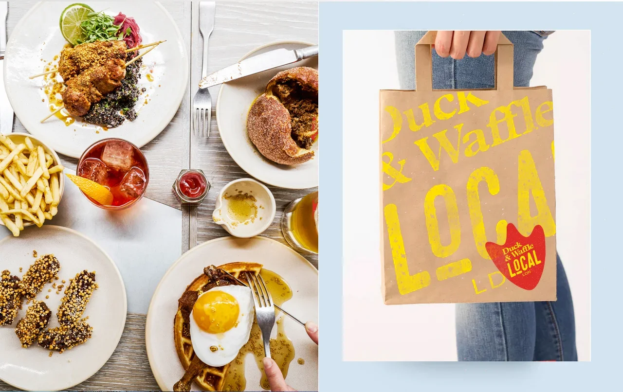Left side shows a top-down view of a table with various foods, including skewered meat, bread roll, French fries, chicken wings, a fried egg on a waffle, and drinks. Right side shows a person holding a paper shopping bag that reads 'Duck & Waffle LOCAL' in yellow and red lettering.