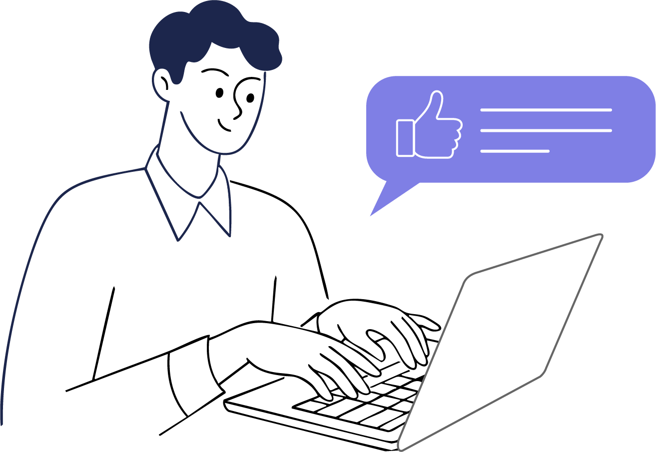 Illustration of a male working on his laptop receiving notification of positive feedback