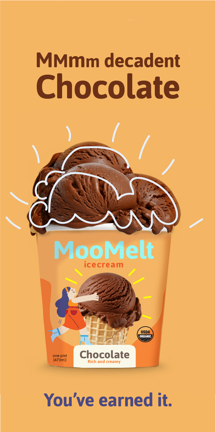 A pint of MooMelt organic chocolate ice cream with text promoting its decadent, rich, and creamy flavor, featuring a cartoon character hugging an ice cream scoop and indicating USDA organic certification.