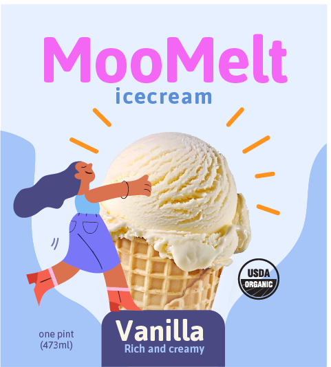 MooMelt vanilla ice cream in a waffle cone against a light blue background, with a cartoon girl in a purple dress and red boots running and reaching for the ice cream, labeled as USDA Organic, with text indicating one pint.