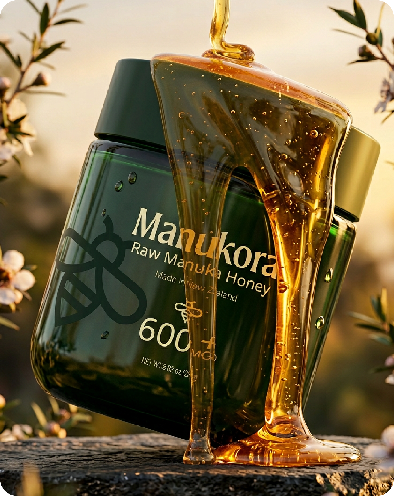 A jar of Manukora raw Manuka honey with honey dripping from a wooden honey dipper.