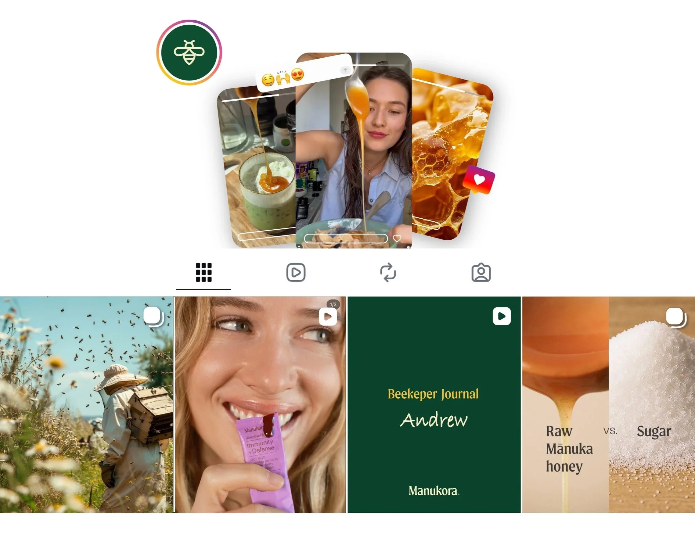 Collage of images including a woman with long hair holding a bee, honey or syrup being poured on a surface, close-up of honeycomb, and a beekeepers journal cover.