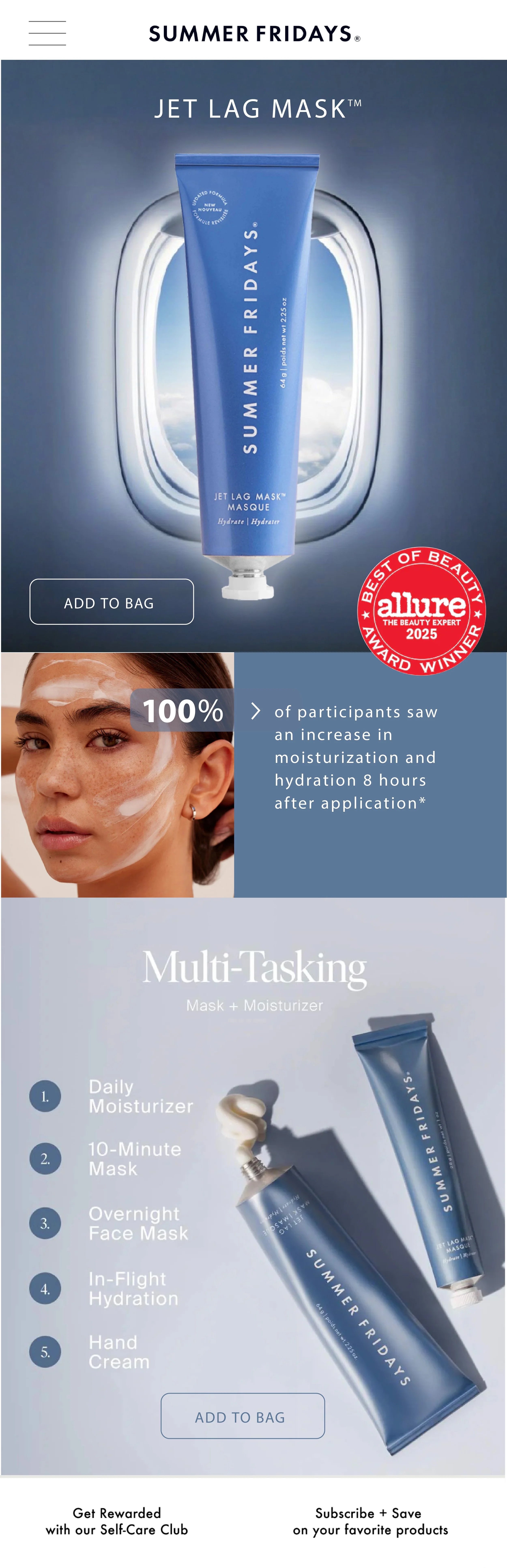 Advertisement for Summer Fridays Jet Lag Mask, a hydrating skincare product, featuring a blue tube with product details and benefits, an image of a woman with facial mask, and a list of multi-tasking uses including moisturizer and masks.