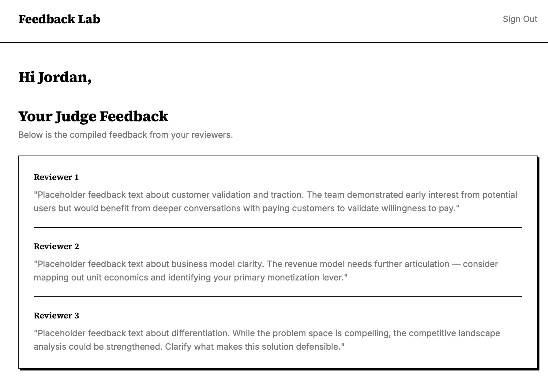 Founders receive anonymous feedback from experts in a clean and crafted format. 