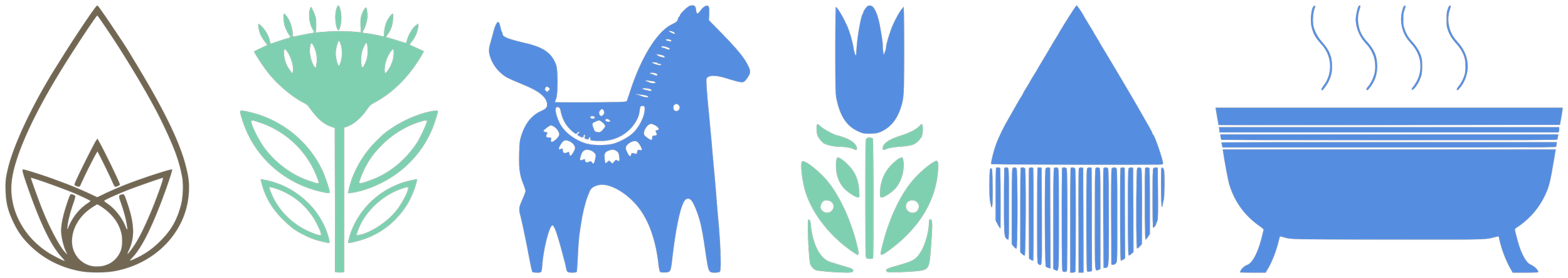 Series of seven abstract, stylized icons representing nature and wellness themes, including a leaf, a flower, a horse, a tulip, a steaming bowl, and a rectangular vessel.