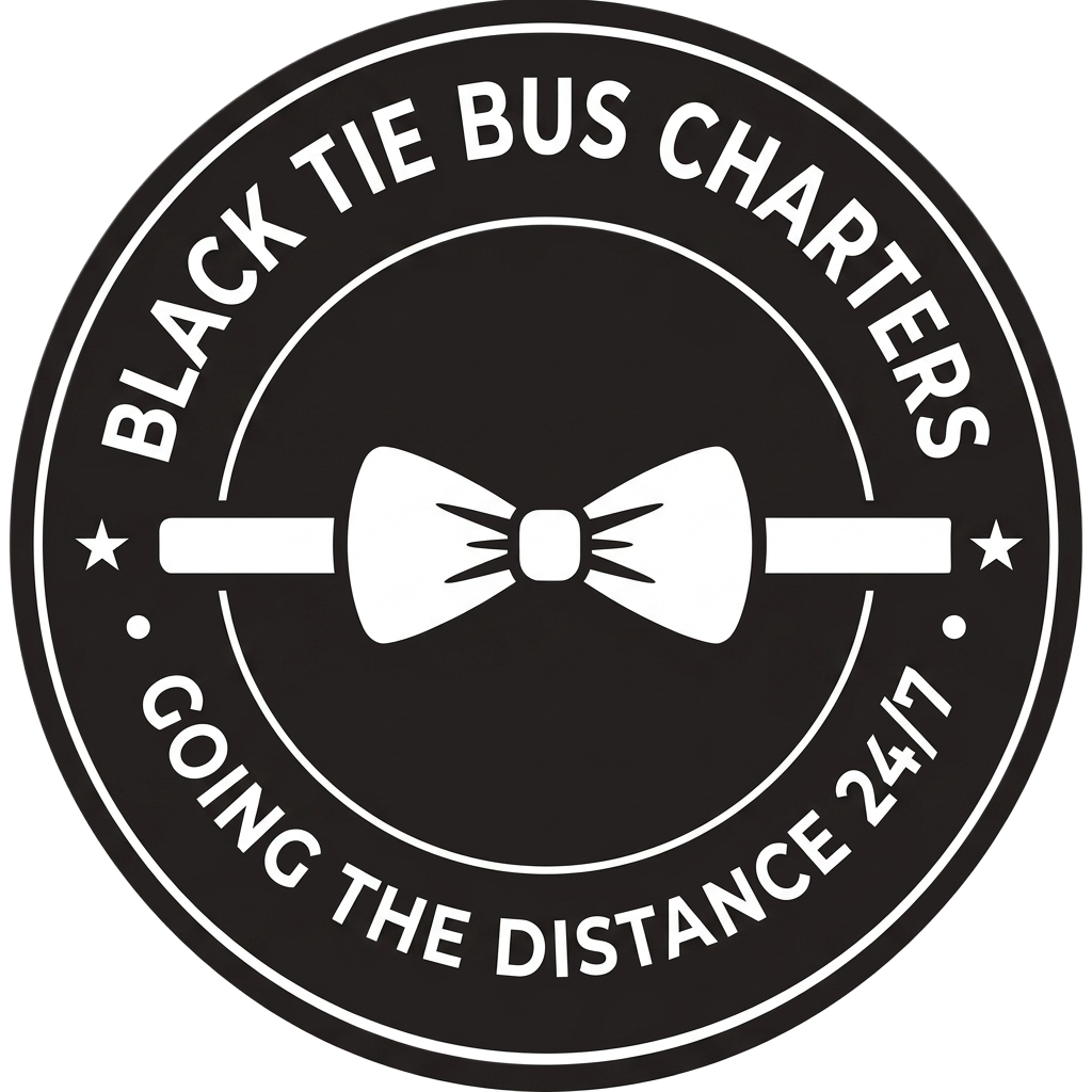 Circular black and white logo with the text "Black Tie Bus Charterers" at the top and "Going the Distance 24/7" at the bottom. In the center, a bow tie icon.