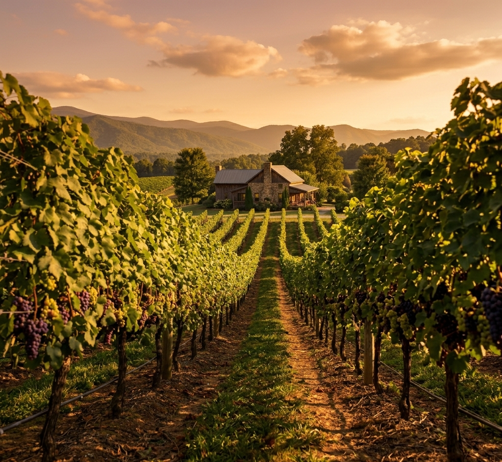 Vineyard with rows of grapevines leading to a rustic house, lush green hills and mountains in the background, under a sunset sky with orange and pink clouds.