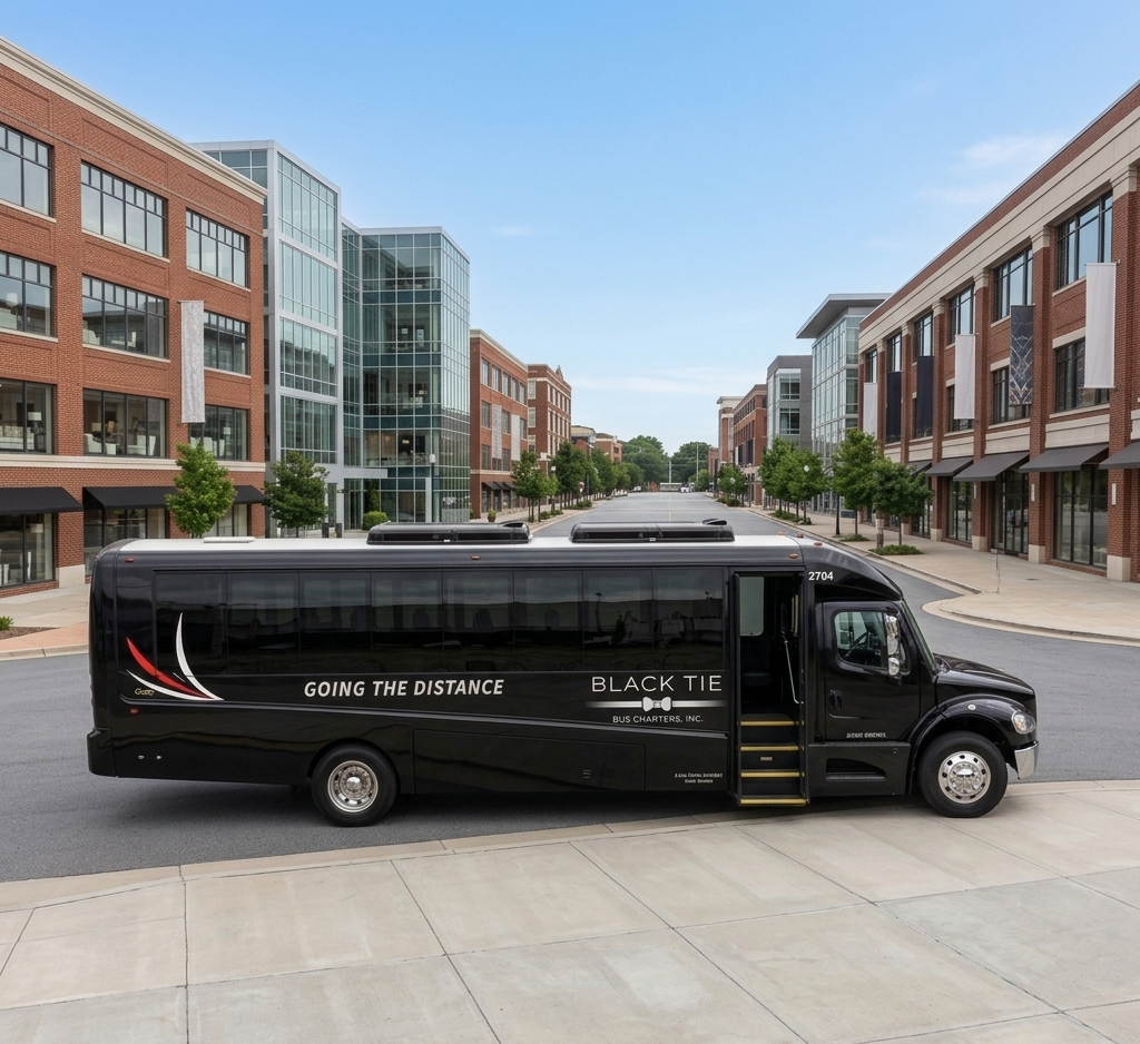 Black bus with sponsor text 'Going the Distance' and 'Black Tie Bus Charters, Inc.' parked on a city street with modern brick and glass buildings and trees.