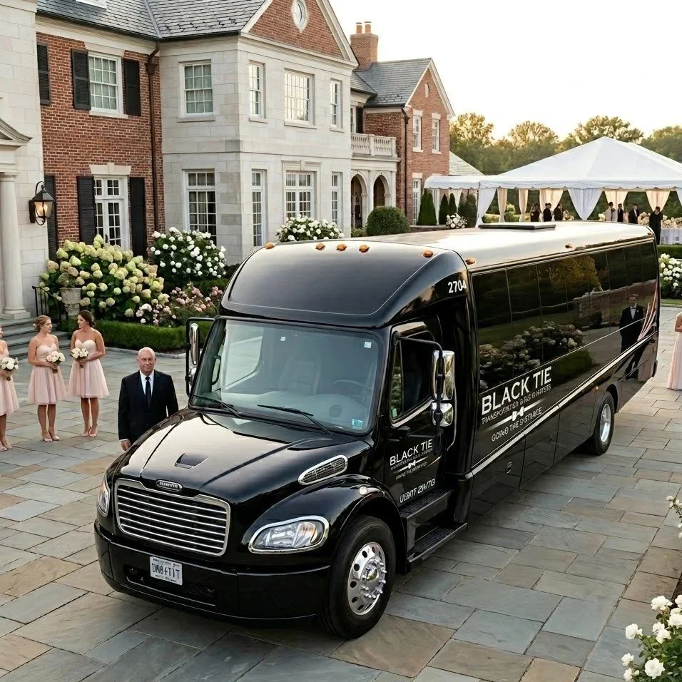 Black luxury bus with branding for Black Tie, parked in front of a large house with people dressed in formal attire, including bridesmaids in pink dresses and a man in a suit, at an outdoor event or wedding reception.