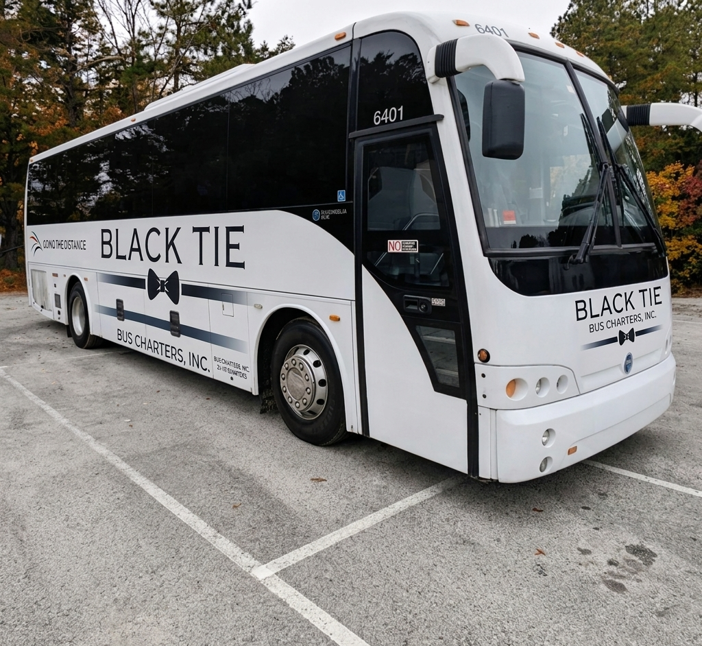 A white bus with black lettering and a bow tie logo, parked in a lot with trees in the background, branded as Black Tie Bus Charters, Inc.