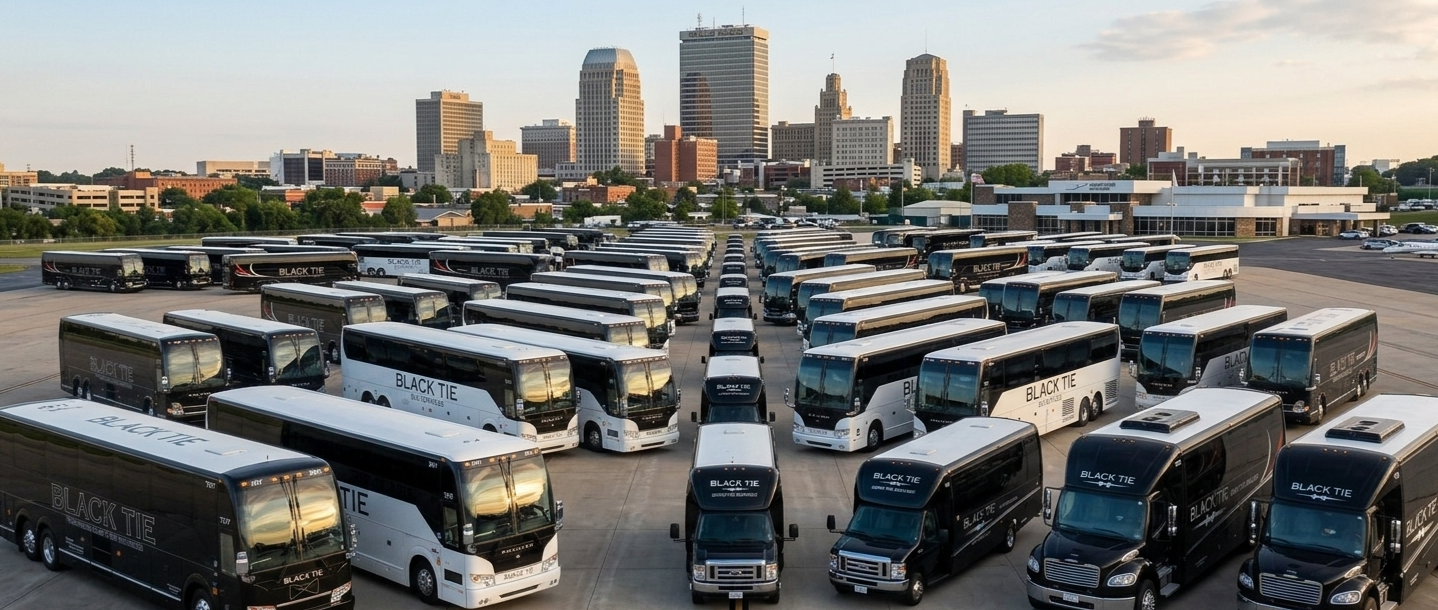 Fleet of buses with branding "Black Tie" parked in a lot with a city skyline in the background during sunset.