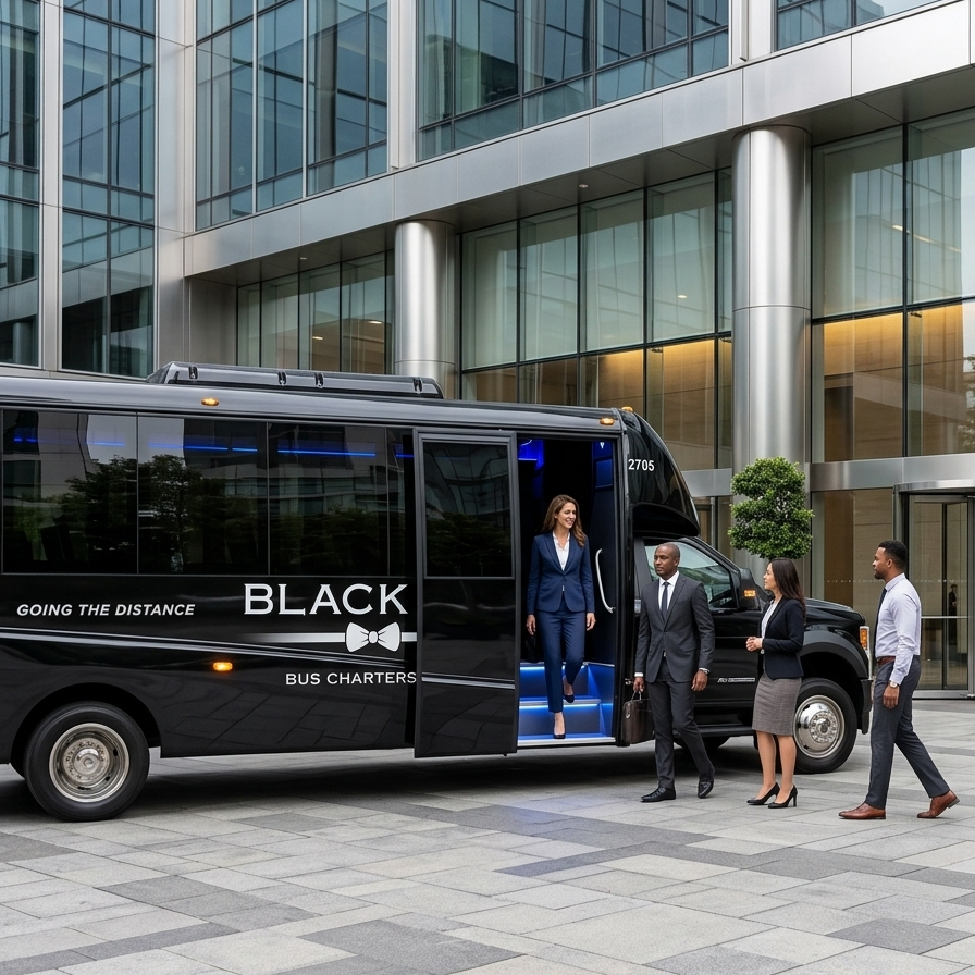 A business woman in a blue suit exiting a black bus labeled 'Black Bus Charters' in a modern city with glass buildings, while three professionally dressed people stand nearby, two men in suits and a woman in a black blazer and gray skirt.