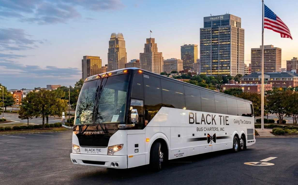 A white bus with Black Tie Bus Charters, Inc. logo parked in an empty lot in front of a city skyline at sunset, with an American flag flying nearby.