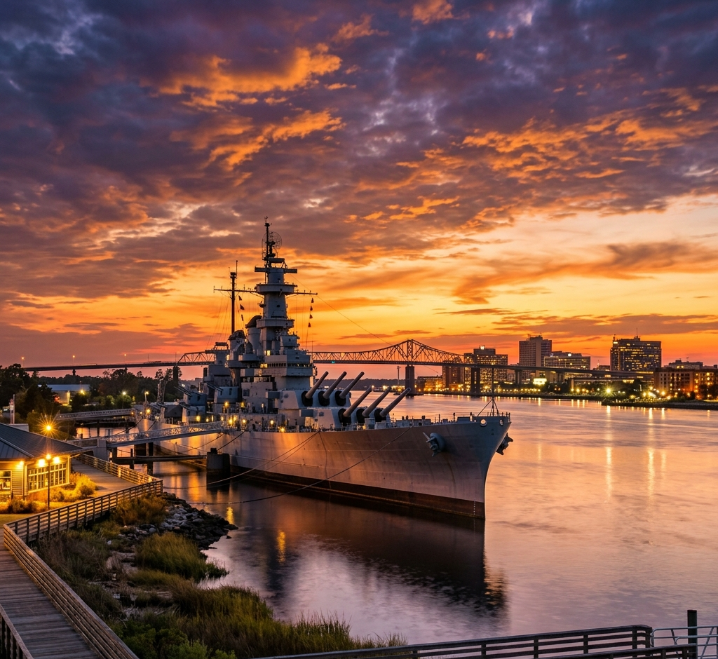 A battleship docked along a river during sunset, with a city skyline and bridge in the background.