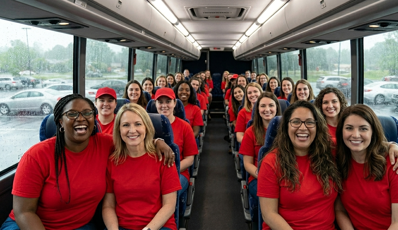 Group of smiling young women and two adult women wearing red shirts on a bus during a rainy day.