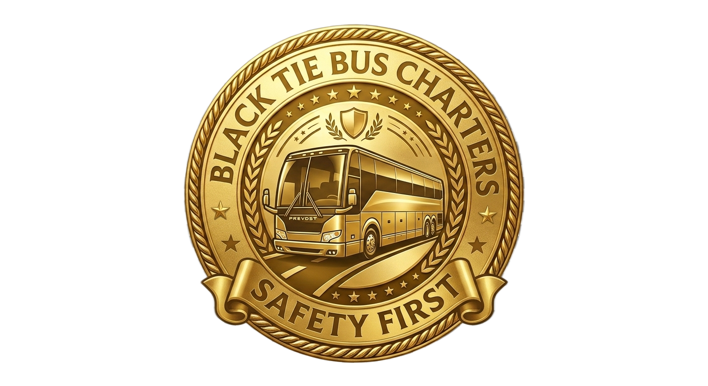 Gold emblem with a bus in the center and the text "Black Tie Bus Charter" around it, featuring a shield, stars, and laurel leaves, with a ribbon at the bottom that reads "Safety First."