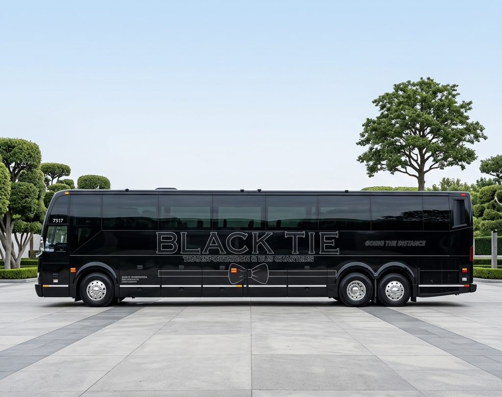 A black bus with the words 'Black Tie' and 'Transporting & Bus Charters' on its side, parked on a paved area with trees in the background.