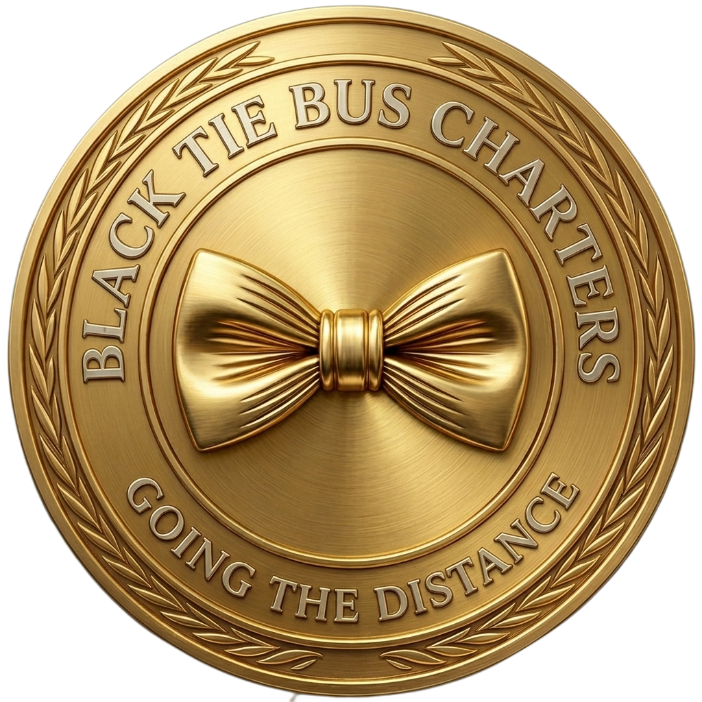 A gold medal with a bowtie design in the center. The text around the edge reads 'Black Tie Bus Charters' and 'Going the Distance.'