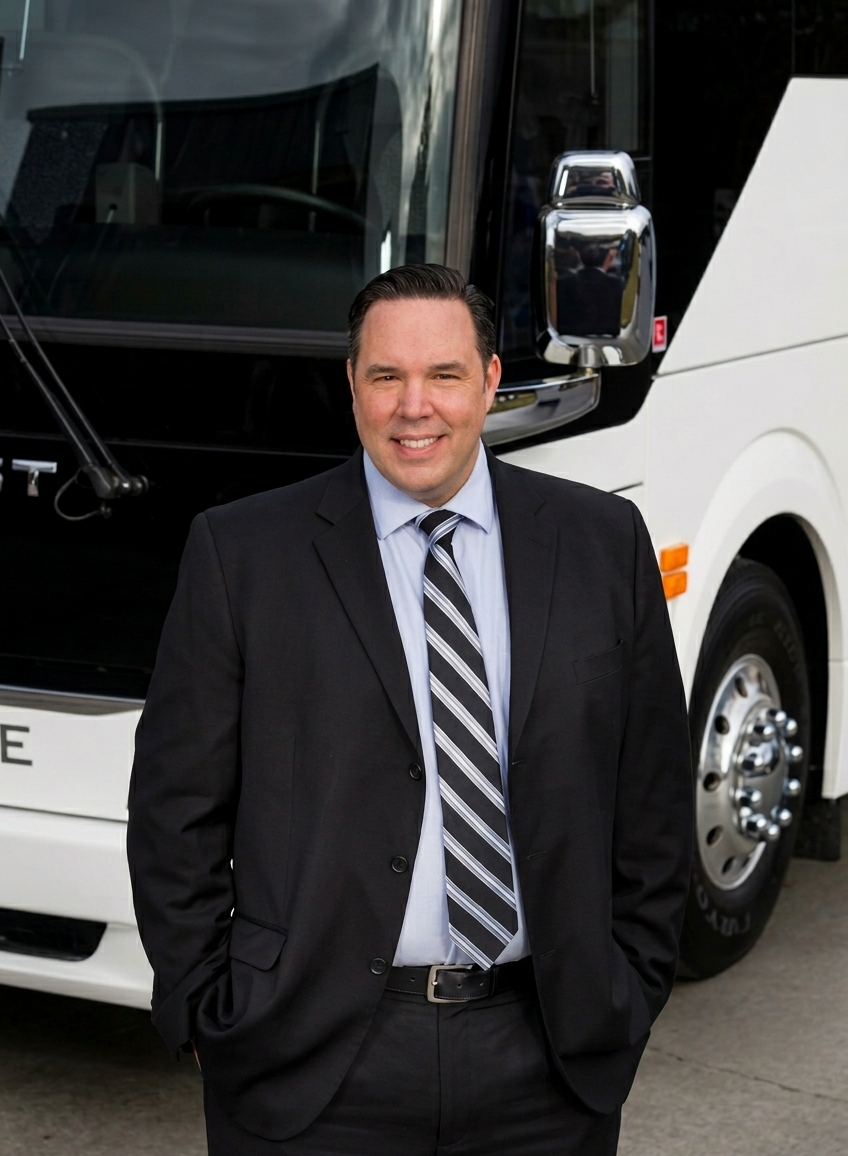 A man in a black suit and striped tie standing in front of a large white bus.