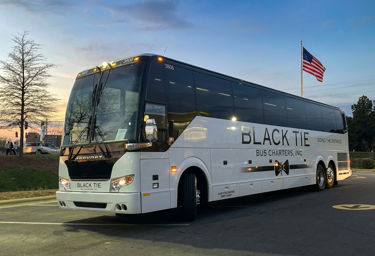 A white and black bus with the logo 'Black Tie Bus Charters, Inc.' and the words 'Going the Distance' parked in a lot at sunset, with an American flag flying nearby.