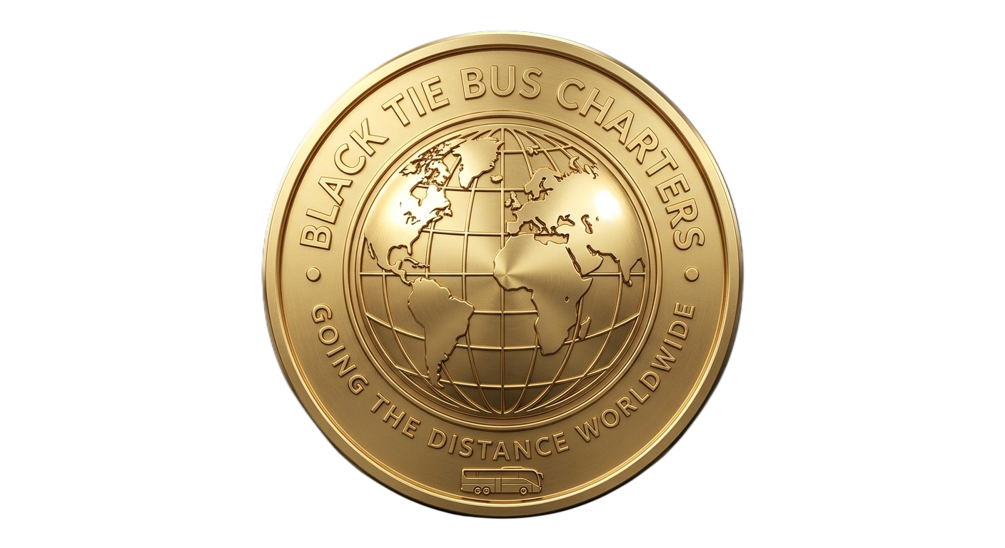 Gold medallion with a globe and the text 'Black Tie Bus Charterers Going The Distance Worldwide' and a small bus icon at the bottom.