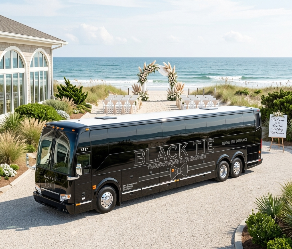 A black transporting bus parked near a beachside wedding setup with white chairs and floral arch, next to a house with large windows and coastal landscaping.