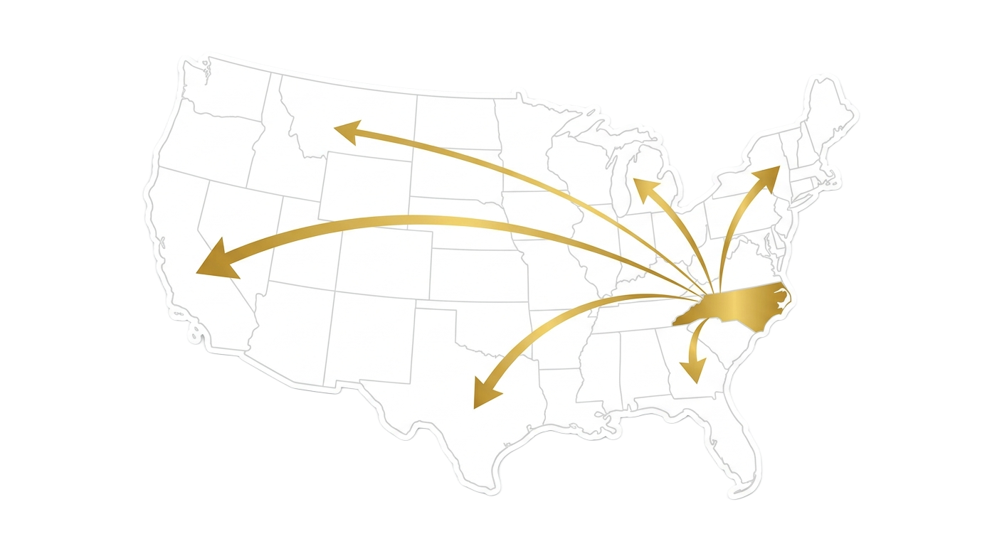 Map of the United States with gold arrows originating from the eastern region pointing towards various states across the country.