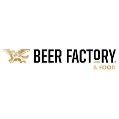 Logo of Beer Factory & Food featuring a golden griffin on the left and the words 'BEER FACTORY' in bold black letters with '& FOOD' in smaller gold letters on the right.