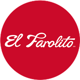 The logo of El Farolito, featuring white cursive text on a red circular background.