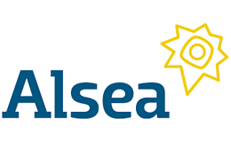 Alsea logo featuring blue text and a yellow sun symbol