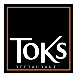Logo for TOK's restaurant featuring white text on a black background with orange borders