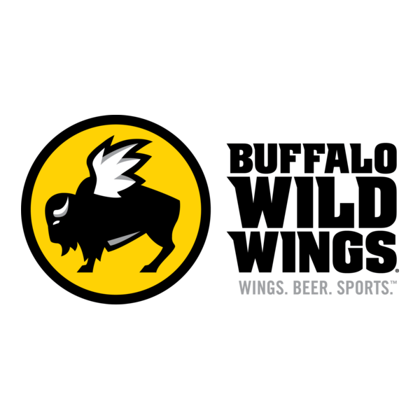 Logo of Buffalo Wild Wings featuring a black buffalo with white wings inside a yellow circle, alongside the text "Buffalo Wild Wings" and the tagline "Wings. Beer. Sports."