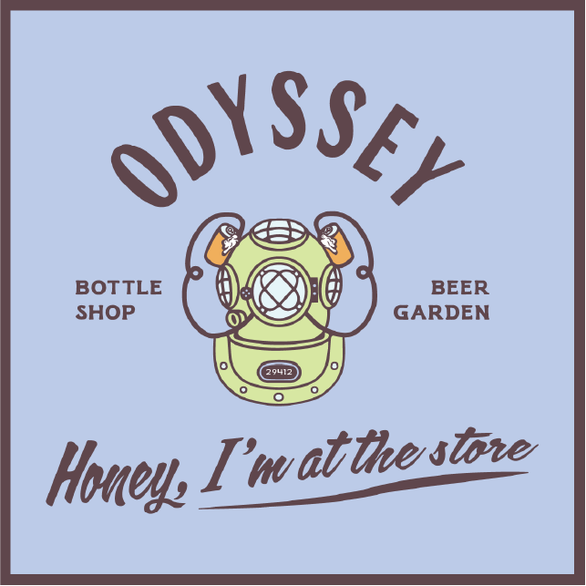 Logo for Odyssey bottle shop and beer garden featuring a vintage deep-sea diving helmet and the text "Honey, I'm at the store."