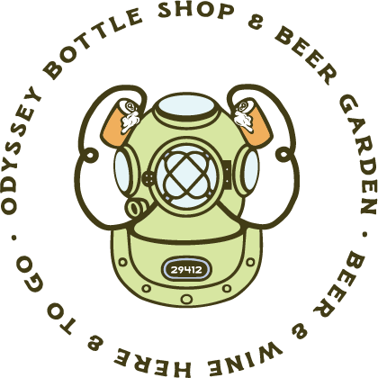 Logo featuring a vintage deep-sea diving helmet with two beer mugs incorporated, surrounded by the text 'Odyssey Bottle Shop & Beer Garden, Beer & Wine here to go'.