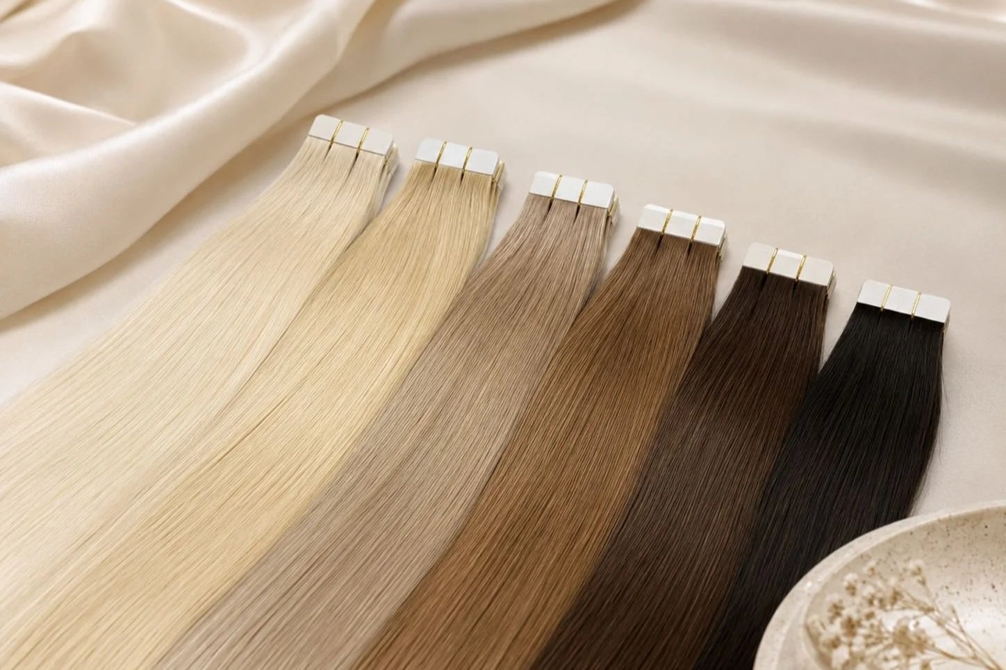 Farbige Haarverlängerungen in verschiedenen Blond- und Brauntönen, die auf einer seidigen weißen Oberfläche liegen.