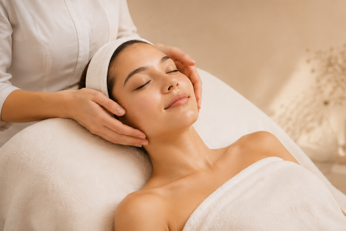 Frau erhält eine Gesichtsmassage in einem Spa