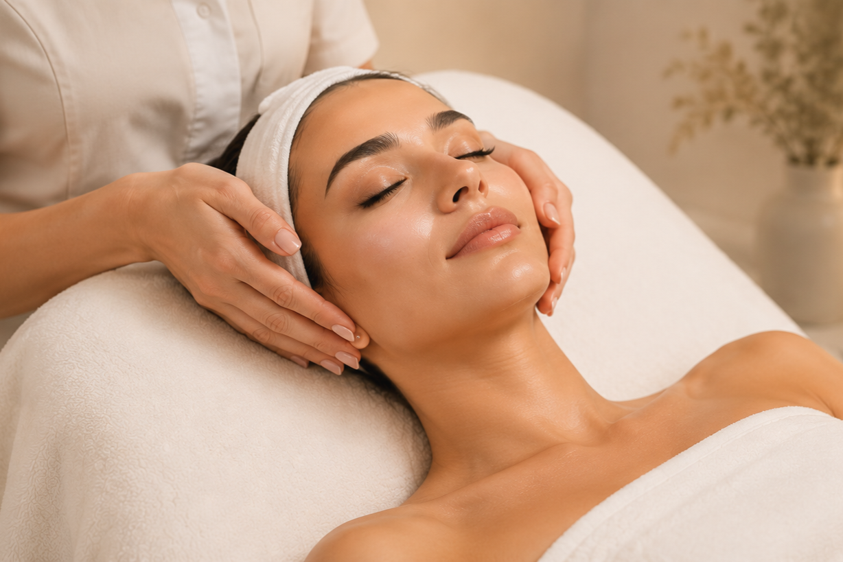 Frau erhält eine Gesichtsmassage bei einer Schönheitsbehandlung in einem Spa.