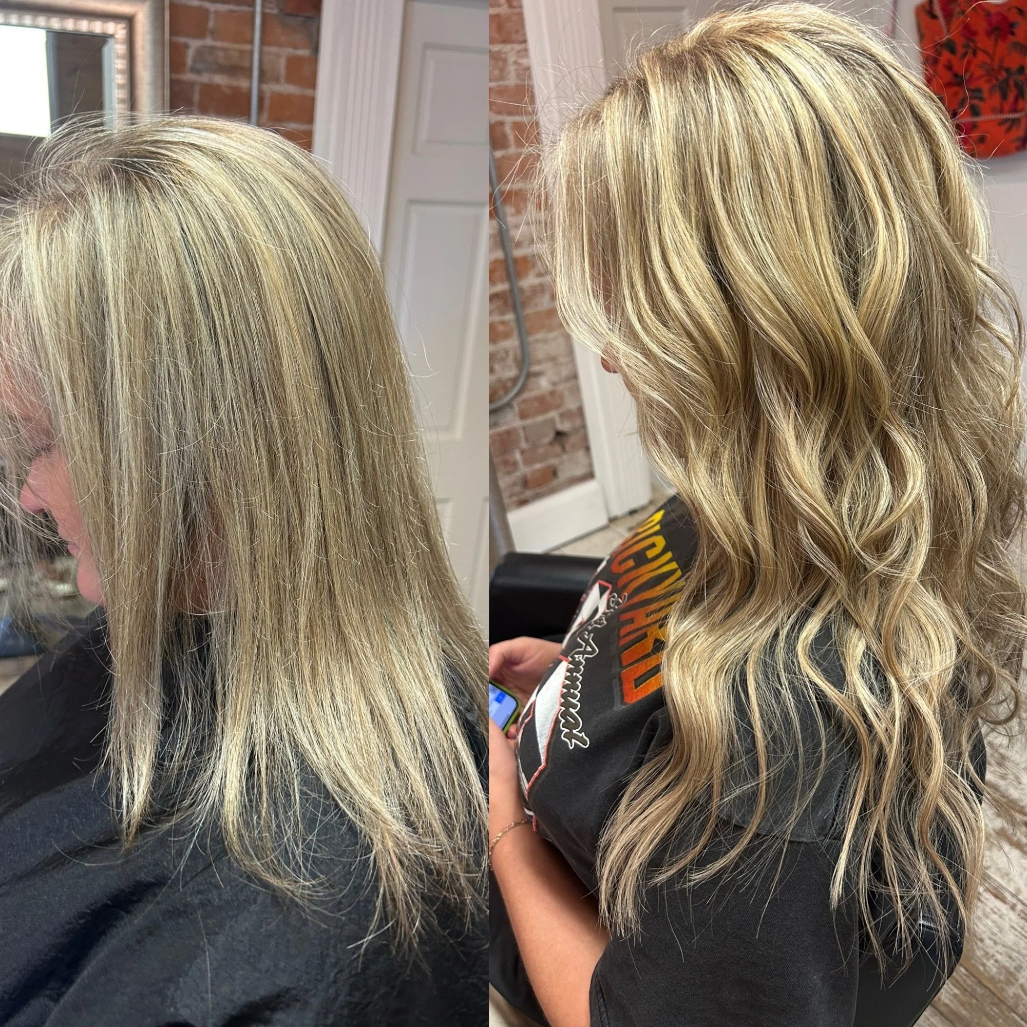 Side-by-side comparison of a person's hair before and after a styling or coloring session, with the hair appearing brighter and more styled in the after image.