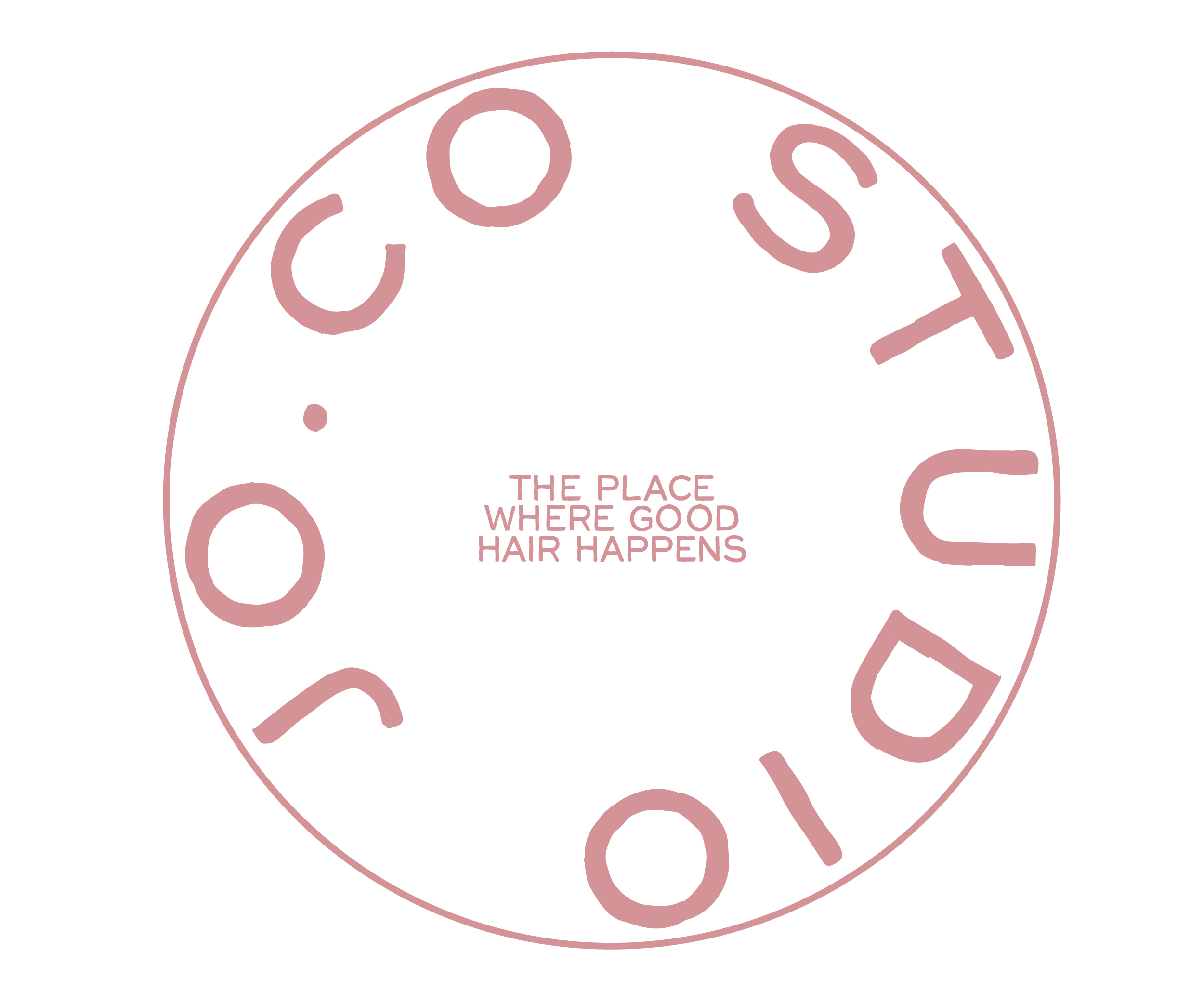 A circular logo with pink outlines and text on a black background. The text says 'The place where good hair happens'.
