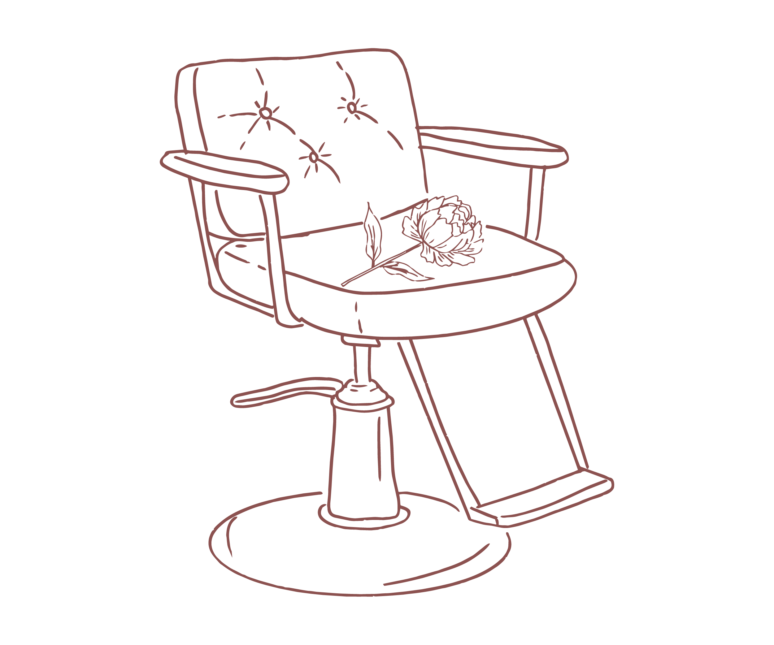 Outline drawing of a vintage salon barber chair and a flower on the seat