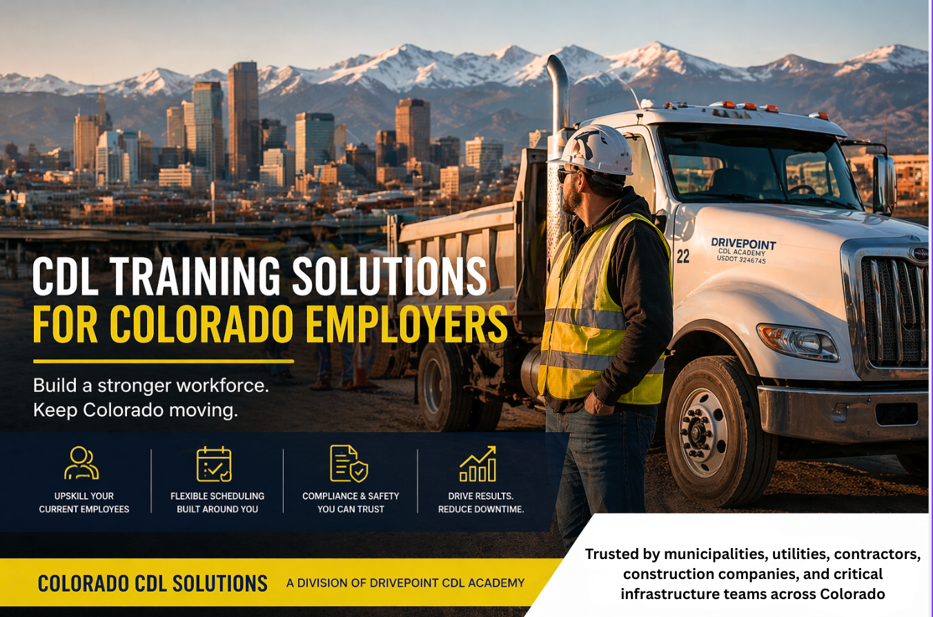 A construction worker in a yellow safety vest and helmet standing near a large white truck with a city skyline and snow-capped mountains in the background. The image promotes CDL training solutions for Colorado employers.