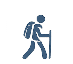 Visit Wild Wales with Emily Coates. Silhouette of a person with a backpack and walking stick, walking.