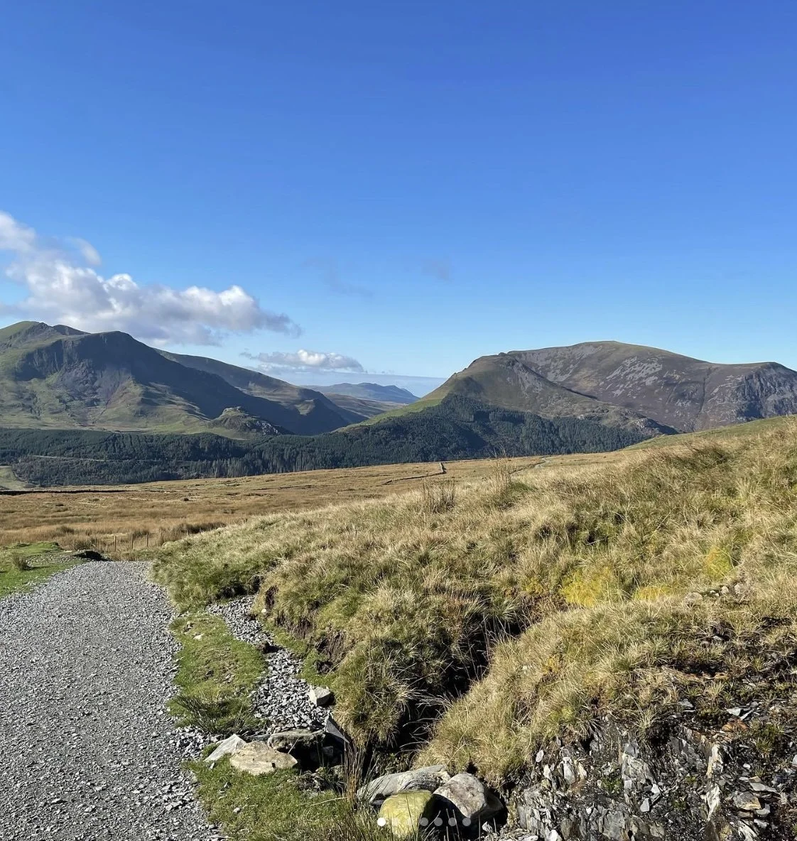 Visit Wild Wales with Emily Coates. A scenic view of a mountain landscape with grassy terrain in the foreground, a gravel path on the left, and rolling hills and mountains in the distance under a bright blue sky with a few clouds.
