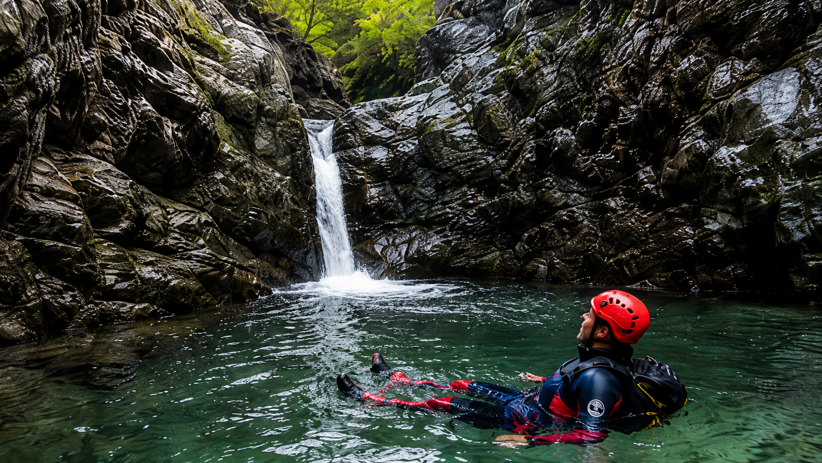 Visit Wild Wales with Emily Coates. A person wearing a red helmet and safety gear relaxing in a pool of water near a small waterfall surrounded by rocks and greenery.