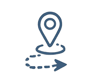 Visit Wild Wales with Emily Coates. A white location pin icon with a circular base, a dotted path leading to the pin, and a rightward arrow at the end, all on a black background.